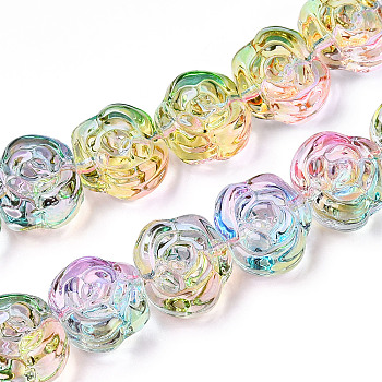Glass Beads Strands, Rose, Colorful, 12~12.5x14x8~8.5mm, Hole: 1.2mm, about 57~60pcs/strand, 13.19~13.58''(33.5~34.5cm)