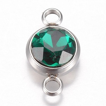 Glass Links connectors, Faceted, with 304 Stainless Steel Findings, Flat Round, Stainless Steel Color, Emerald, 17.5x10x6.5mm, Hole: 2.5mm