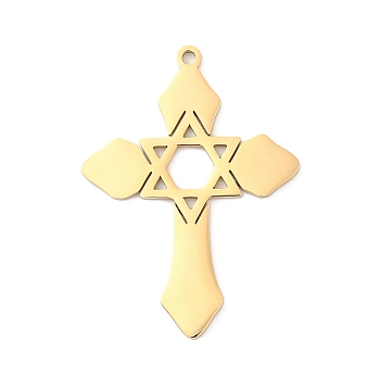 304 Stainless Steel Pendants, Laser Cut, Cross with Star of David Charm, Golden, 33x24.5x1mm, Hole: 1.4mm