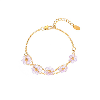 Stainless Steel Multi-strand Cable Chain Bracelets, Lilac Summer Flower Link Bracelets for Women, Real 18k Gold Plated