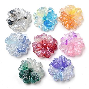 Luminous Transparent Epoxy Resin Decoden Cabochons, Glow in the Dark Flower with Glitter Powder, Mixed Color, 39.5x40x16.5mm