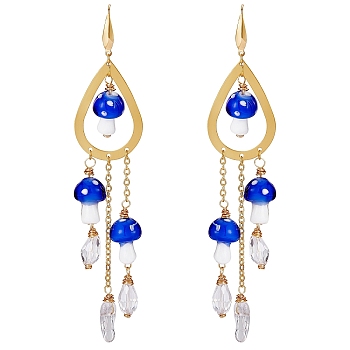 Natural Quartz Crystal Teardrop & Lampwork Mushroom Chandelier Earrings, Golden 316 Surgical Stainless Steel Long Tassel Drop Earrings for Women, Blue, 120x20mm, Pin: 0.8mm