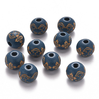 Painted Natural Wood Beads, Laser Engraved Pattern, Round with Flower Pattern, Steel Blue, 10x9mm, Hole: 3mm