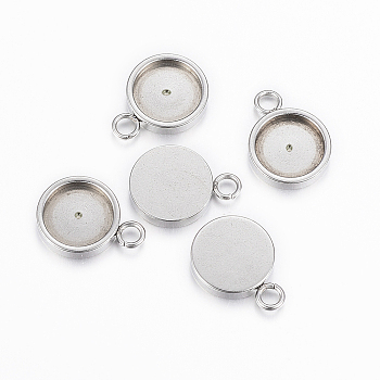 304 Stainless Steel Pendant Cabochon Settings, Plain Edge Bezel Cups, Flat Round, Stainless Steel Color, Tray: 8mm, 13x10x2mm, Hole: 2mm