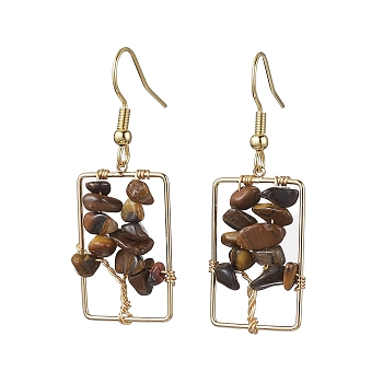 Natural Tiger Eye Chips Tree Dangle Earrings, Rectangle Real 18K Gold Plated Brass Drop Earrings with 304 Stainless Steel Earring Pins, 44x16.5~17mm