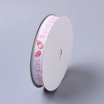 Baby Shower Ornaments Decorations Word Baby Girl Printed Polyester Grosgrain Ribbons, Pearl Pink, 5/8 inch(16mm), about 20yards/roll(18.29m/roll)