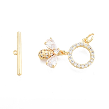 Brass Pave Clear Cubic Zirconia Toggle Clasps, Bees, Real 18K Gold Plated, Bar: 21x3.8x2mm, Hole: 1.5mm, Rng: 18.5x12x1.5mm