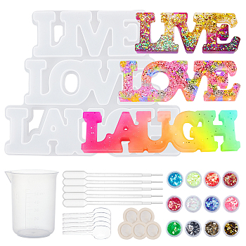 Word Love & Laugh Silicone Molds Kits, Resin Casting Molds, For UV Resin, Epoxy Resin Craft Making, with Plastic Pipettes, Nail Art Sequins, Latex Finger Cots, Mixed Color, 135x162x12.5mm