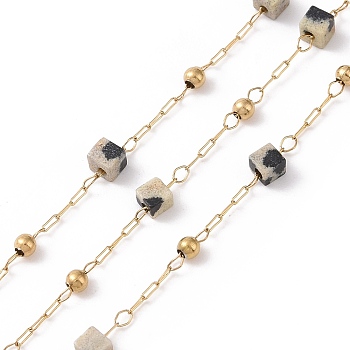 Natural Dalmatian Jasper Square Beaded Chains, with Golden 304 Stainless Steel Findings, Unwelded, 2~3x2~2.5x2~2.5mm, about 3.28 Feet(1m)/Box