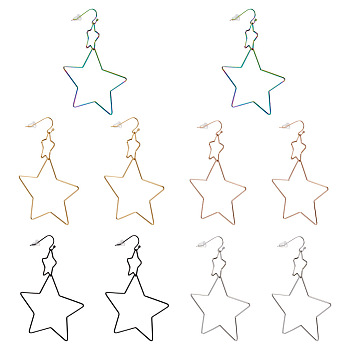 5Pairs 5 Colors Interlock Double Open Stars Dangle Earrings, 304 Stainless Steel Wire Wrap Large Geometry Drop Earrings for Women, Mixed Color, 75mm, Pin: 0.6mm, 1pair/color