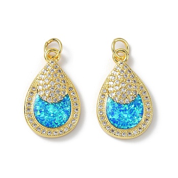 Brass Micro Pave Cubic Zirconia Pendants, with Synthetic Opal and Jump Ring, Teardrop, Real 18K Gold Plated, 21x13x4mm, Hole: 3.5mm