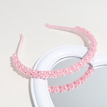 Solid Color Plastic Imitation Pearl Hair Band, Hair Accessories for Women Girl, Pearl Pink, 150x135mm