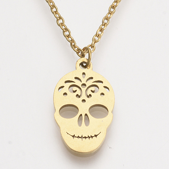 201 Stainless Steel Pendant Necklaces, with Cable Chains, Sugar Skull, For Mexico Holiday Day of the Dead, Golden, 15.9 inch(40.5cm), 1.5mm, Sugar Skull: 18x10.5x1mm