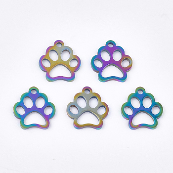 Ion Plating(IP) 201 Stainless Steel Pet Charms, Dog Paw Prints, Rainbow Color, 13x12x1mm, Hole: 1.5mm.