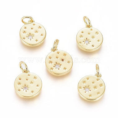 Real 18K Gold Plated Clear Flat Round Brass+Cubic Zirconia Charms