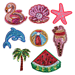 8Pcs 8 Styles Polyester Computerized Embroidery Patches, Chenille Appliques & Polycotton Hot Melt Adhesive Clothing Patches, Sew On Iron on Patches, Appliques, with Sequin Mixed Color, Mixed Shapes, 57~101x51~93x1~1.5mm, 1pc/style(PATC-PH0001-99)