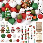 Christmas DIY Pendant Decoration Making Kit, Including Silicone Focal Beads, Printed Wood European Beads, Jute Cord, Alloy Swivel Lobster Claw Clasps, Mixed Color(DIY-FS0010-39)