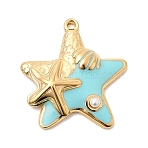304 Stainless Steel Enamel Pendants, Starfish Charms, with ABS Imitation Pearl Beads, Ion Plating(IP), Real 18K Gold Plated, Plum, 19x18x3mm, Hole: 1.2mm(STAS-P431-31G-02)