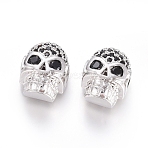 Brass Micro Pave Cubic Zirconia Beads, Long-Lasting Plated, for Halloween, Skull Head, Black, Real Platinum Plated, 12.5x9.5x7mm, Hole: 2x2.5mm(ZIRC-G166-42P)
