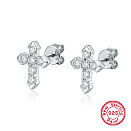 Rhodium Plated 925 Sterling Silver Micro Pave Cubic Zirconia Stud Earrings, Cross, with 925 Stamp, Platinum, 12x10mm(CN4447-1)