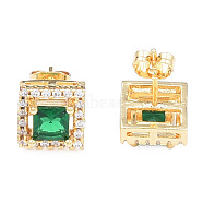 Cubic Zirconia Square Stud Earrings, Golden Brass Jewelry for Women, Nickel Free, Green, 9.5x9.5mm, Pin: 0.7mm(EJEW-N011-62C)