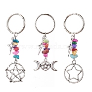 Tibetan Style Alloy Keychain, with Dyed Synthetic Turquoise Beads Strands, Iron Split Key Rings, Star, Star, 6.7~8.2cm, Pendants: 43~56x23.5~30x7mm(KEYC-JKC00708)