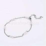 304 Stainless Steel Chain Anklets, with Natural Rose Quartz Beads, 9-1/4 inch(235mm)(AJEW-AN00170-03)