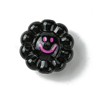 Dopamine Style Opaque Acrylic Beads, Flower with Smiling, Black, 23.5x24x11.5mm, Hole: 3.5mm(SACR-Z002-01C)