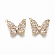 Brass Micro Pave Cubic Zirconia Pendants, Nickel Free, Butterfly, Real 18K Gold Plated, Clear, 14x17x3mm, Hole: 1.2mm(KK-R132-015-NF)
