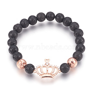 Stretch Bracelets, with Long-Lasting Plated Electroplated Natural Lava Rock, Natural Lava Rock and Brass Cubic Zirconia Beads, Crown, Rose Gold, 2-1/4 inch(5.7cm)(BJEW-G601-05RG)