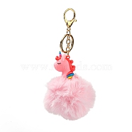 Cute Unicorn PVC & Imitate Rex Rabbit Fur Ball Keychain, with Alloy Clasp, for Bag Car Key Decoration, Pink, 16.8~16.9cm(KEYC-C005-03A)