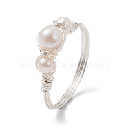 Copper Wire Wrapped Natural Cultured Freshwater Pearl Open Ring, Cuff Finger Ring for Women, Silver, US Size 8 3/4(18.7mm), 1.4~6mm(RJEW-JR00631-02)