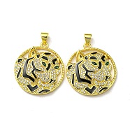 Real 18K Gold Plated Brass Pendants, with Cubic Zirconia and Enamel, Flat Round with Leopard Charms, Colorful, 27.5x24.5x4mm, Hole: 4.5x3.5mm(KK-L209-022G)