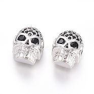Brass Micro Pave Cubic Zirconia Beads, Long-Lasting Plated, for Halloween, Skull Head, Black, Real Platinum Plated, 12.5x9.5x7mm, Hole: 2x2.5mm(ZIRC-G166-42P)