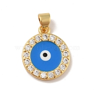 Brass Micro Pave Clear Cubic Zirconia Pendants, Enamel Pendants, Cadmium Free & Lead Free, Long-Lasting Plated, Flat Round with Evil Eye, Real 18K Gold Plated, 18x15x2mm, Hole: 3.5x4mm(KK-B059-23G)