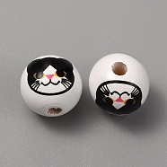 Printed Cat Wood European Beads, Large Hole Bead, Round, Black, 16x15mm, Hole: 4mm(WOOD-TAC0011-35B)