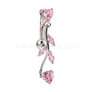 Branch Brass Cubic Zirconia Navel Rings, Top Down Belly Button Rings, with 304 Stainless Steel Bar, Platinum, Pink, 7x31mm, Bar Length: 3/8"(10mm), Bar: 14 Gauge(1.6mm)(AJEW-EE0001-03B)