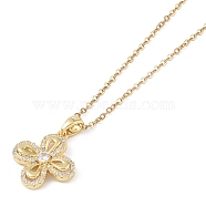 201 Stainless Steel Cable Chain Necklaces, Brass Micro Pave Clear Cubic Zirconia Pendant Necklaces, Flower, Real 18K Gold Plated, 16.14 inch(41cm)(NJEW-P309-17B-G)