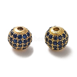 925 Sterling Silver Micro Pave Cubic Zirconia Beads, Round, Real 18K Gold Plated, Dark Blue, 6x5.5mm, Hole: 1.4mm(STER-H110-24A-05G)
