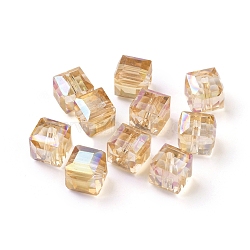Electorplated Glass Beads, Rainbow Plated, Faceted, Cube, Goldenrod, 7x7x7mm, Hole: 1mm(EGLA-E006-1Q)