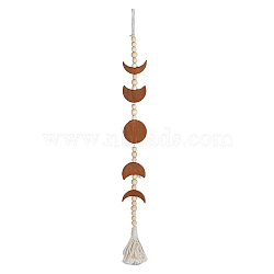 Wood Beaded Moon Phase Pendant Decorations, Bohemian Style Cotton Tassel Garland, Camel, 765mm(HJEW-WH0047-09)