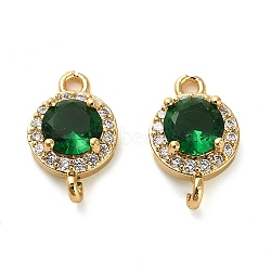Brass Pave Cubic Zirconia Connector Charms, Flat Round Links, Real 18K Gold Plated, Green, 14.5x9x5mm, Hole: 1.5mm(KK-D093-09G-04)