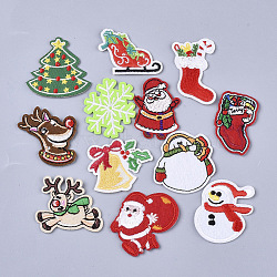 Christmas Theme, Computerized Embroidery Cloth Iron On/Sew On Patches, Appliques, Christmas Trees & Stocking & Boots & Milu Deer & Snowflake, Bell & Snowman & Father Christmas, Mixed Color, 32~42x26~44x1.5mm, 120pcs/bag(AJEW-S076-033)