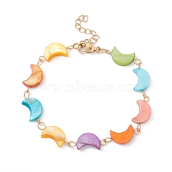 Natural Shell Crescent Moon Link Chain Bracelet, 304 Stainless Steel Jewelry for Women, Golden, Colorful, 7 inch(17.9cm)(BJEW-C015-12G)