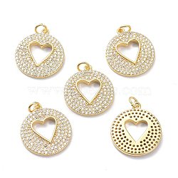 Brass Micro Pave Clear Cubic Zirconia Pendants, with Jump Ring, Long-Lasting Plated, Flat Round with Heart, Real 18K Gold Plated, 21.5x19x2.5mm, Jump Rings: 5x1mm, 3mm Inner Diameter(ZIRC-L100-124G)