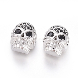 Brass Micro Pave Cubic Zirconia Beads, Long-Lasting Plated, for Halloween, Skull Head, Black, Real Platinum Plated, 12.5x9.5x7mm, Hole: 2x2.5mm(ZIRC-G166-42P)