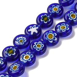 Handmade Millefiori Lampwork Beads Strands, Flat Round, Medium Blue, 10x3.5mm, Hole: 0.8mm, about 38pcs/strand, 14.65''(37.2cm)(LAMP-G164-04E)