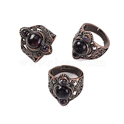 Natural Amethyst Retro Finger Rings, Adjustable Brass Rings for Women, 25.5mm, Inner Diameter: 19mm(RJEW-B067-01R-13)