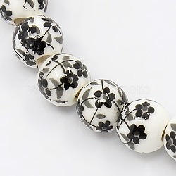 Handmade Printed Porcelain Round Beads Strands, with Flower Pattern, Black, 6mm, Hole: 2mm, about 60pcs/strand, 13.58 inch(PORC-L004-6mm-07)