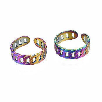 Curb Shape Cuff Rings, Hollow Open Rings, Rainbow Color 304 Stainless Steel Rings for Women, US Size 7 1/4(17.5mm)